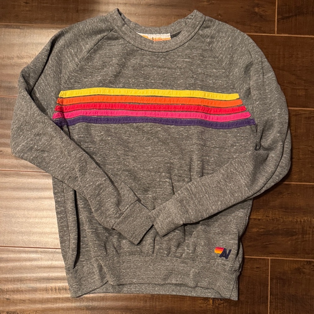 Aviatior Nation Gray blend Crewneck Sweater with Colorful Stripes